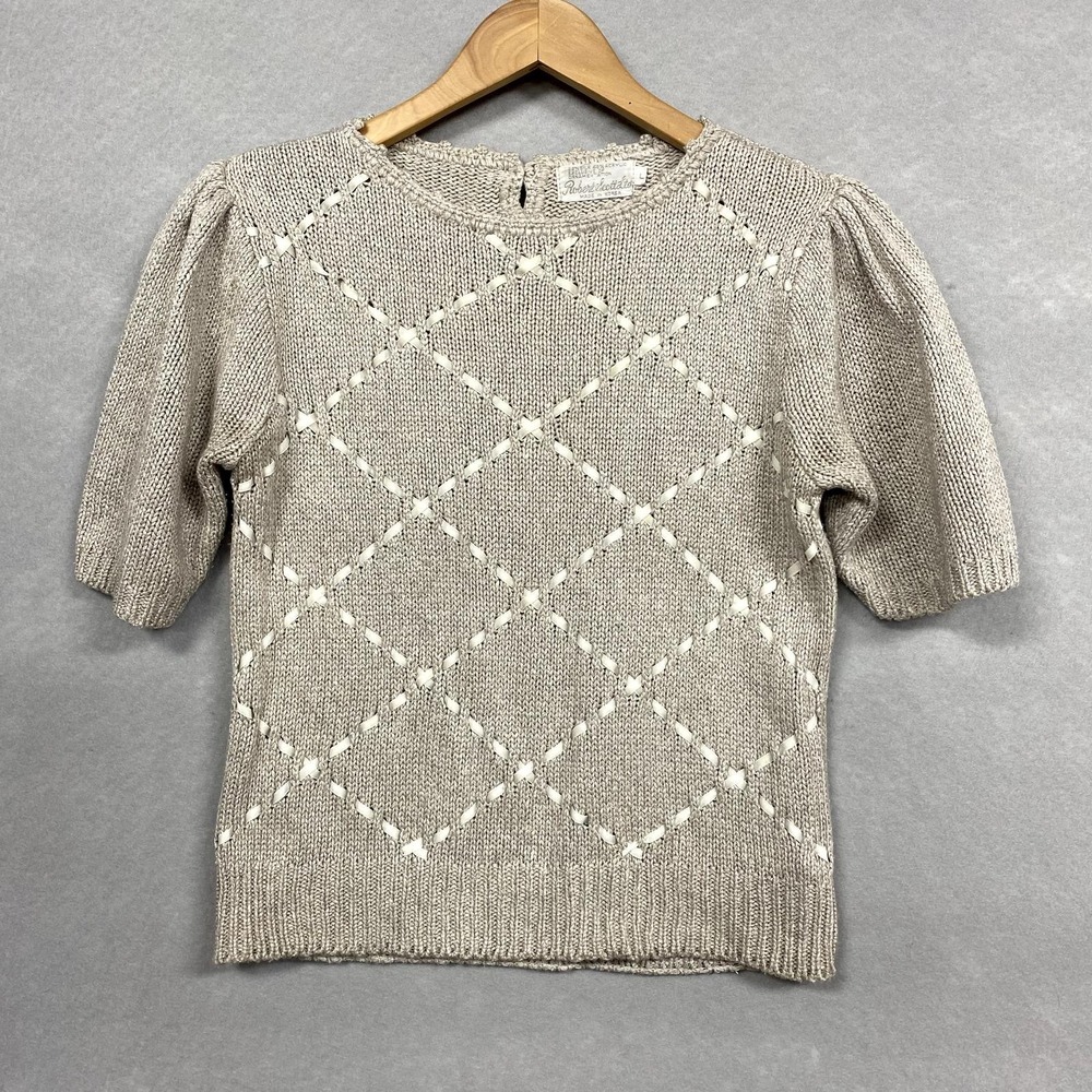 Robert Scott Ltd Womens M Sweater Gray Silk Blend Ribbon Weave Short Puff Sleeve